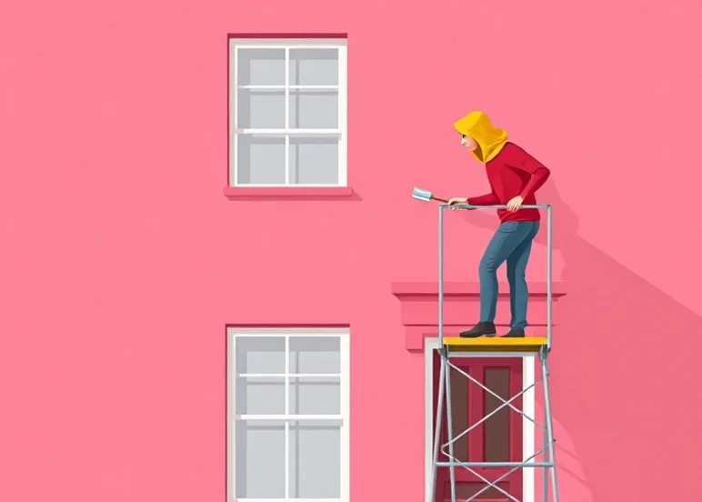 Peintre sur échafaudage traitant la façade d'une maison