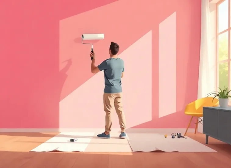Peintre appliquant la peinture au rouleau sur un mur de salon